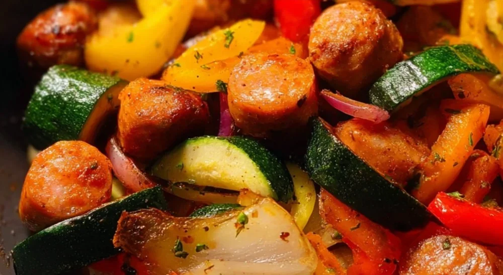 10 minute air fryer chicken sausage with colorful veggies