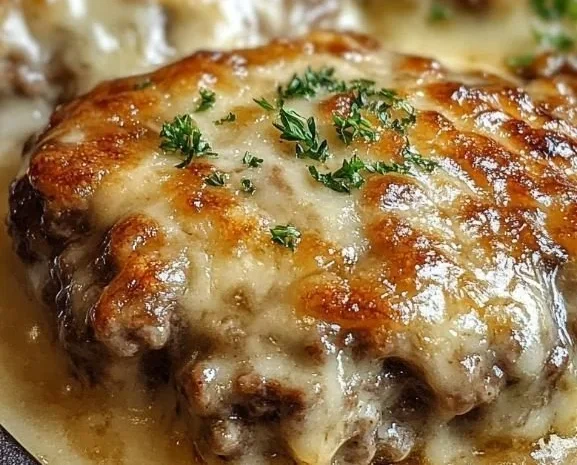 Amish Hamburger Steak Bake served with vegetables on a plate