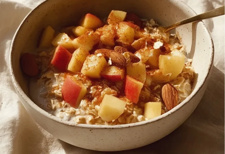 Bowl of warm Apple Cinnamon Oatmeal topped with fresh apple slices and cinnamon