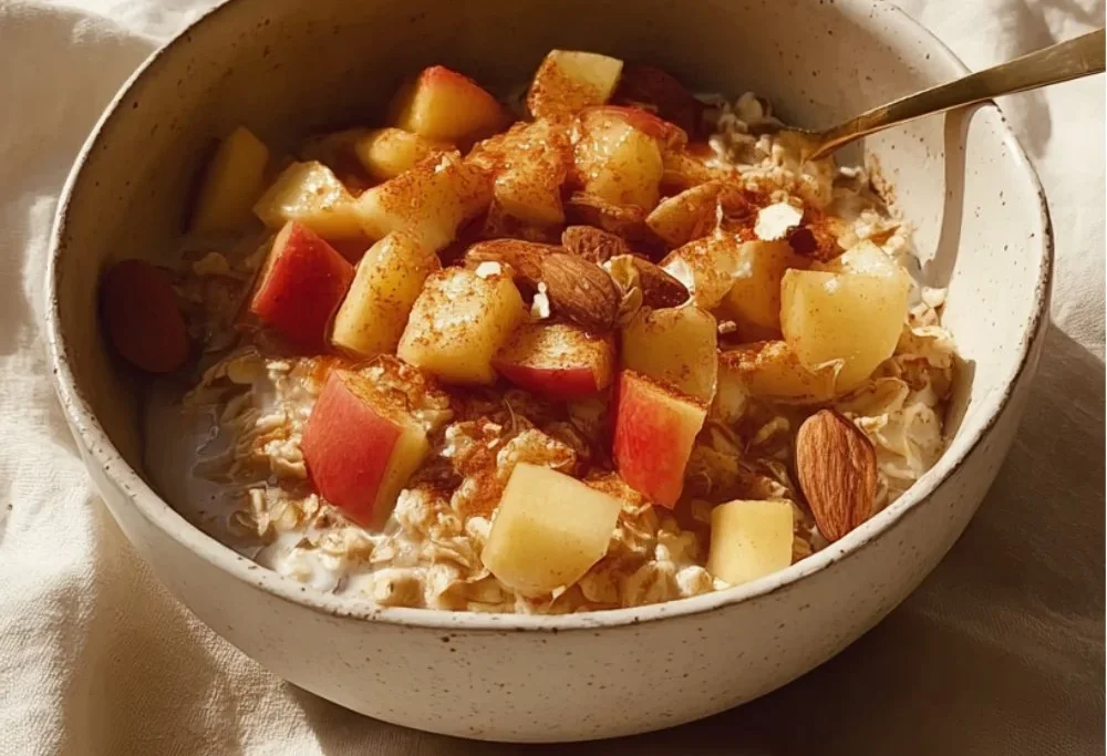 Bowl of warm Apple Cinnamon Oatmeal topped with fresh apple slices and cinnamon