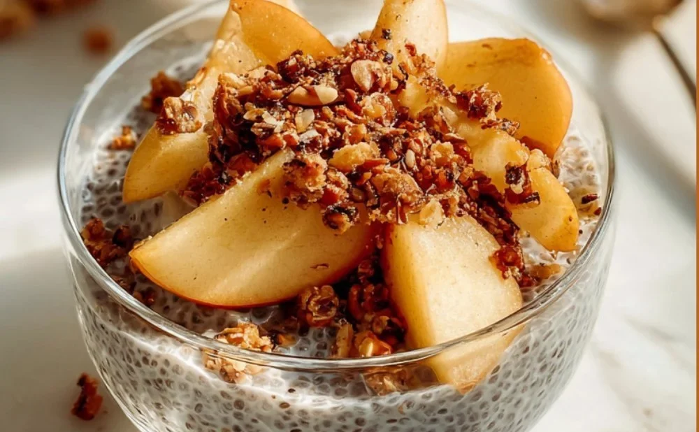 Delicious Apple Crumble Chia Pudding served in a bowl with apples and toppings