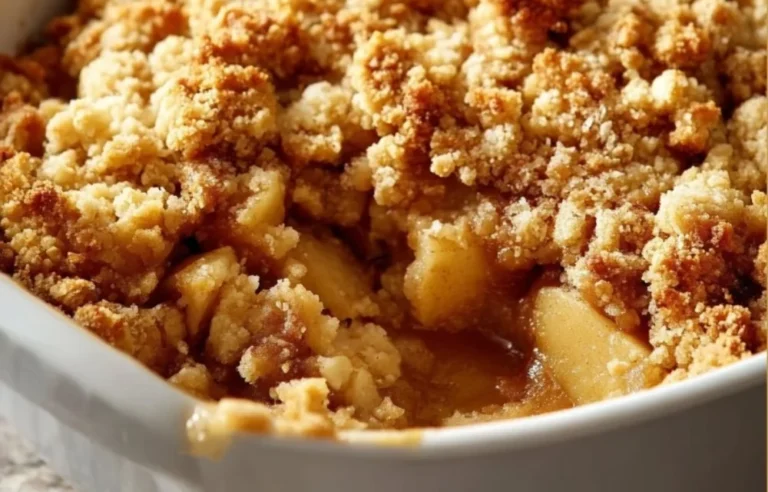 Delicious baked apple crumble with a golden brown topping and fresh apples