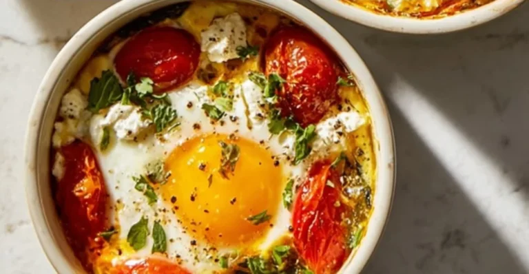 Baked feta eggs with cherry tomatoes and spinach in a cast iron skillet