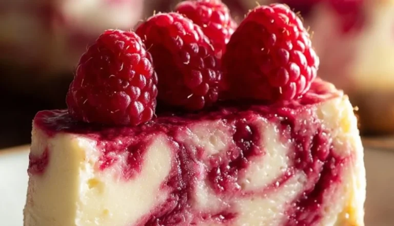 Delicious baked raspberry cheesecake topped with fresh raspberries
