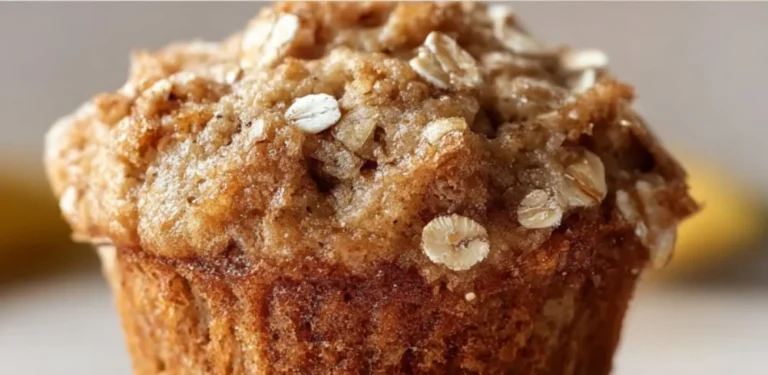 Freshly baked banana oatmeal muffins on a wooden table