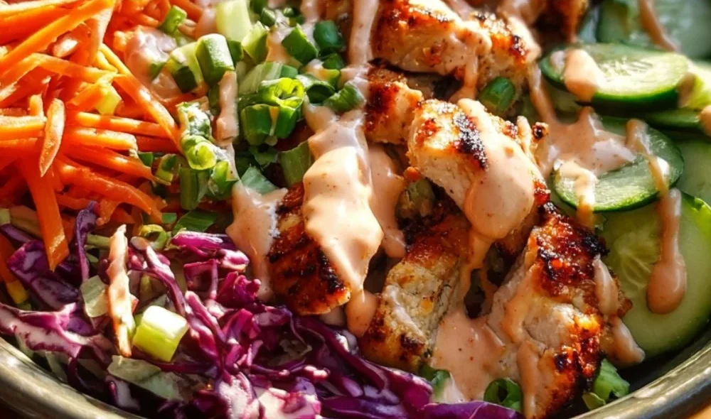 Delicious Bang Bang Chicken Bowl with colorful ingredients and sauces