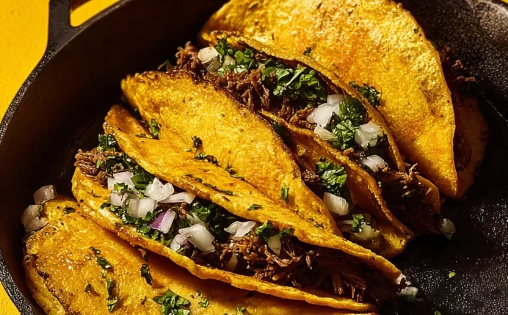 Delicious birria tacos served with consomé and lime, showcasing Mexican cuisine.