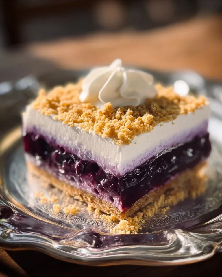 Blueberry Delight No Bake Dessert topped with fresh blueberries and whipped cream