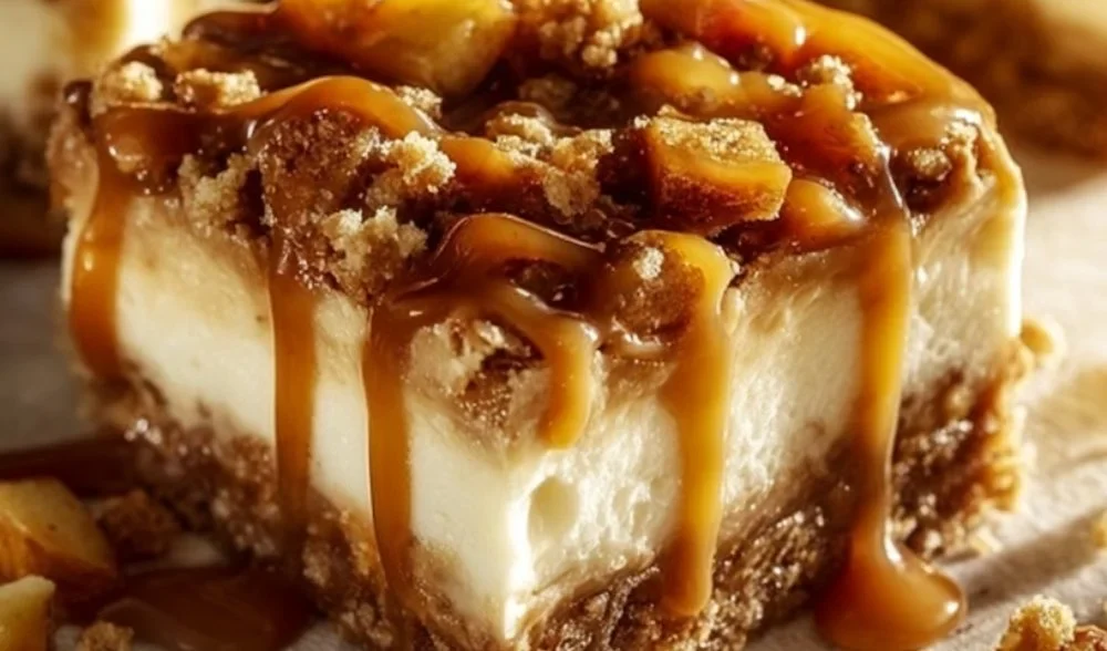 Delicious caramel apple cheesecake bars topped with caramel drizzle and apple slices