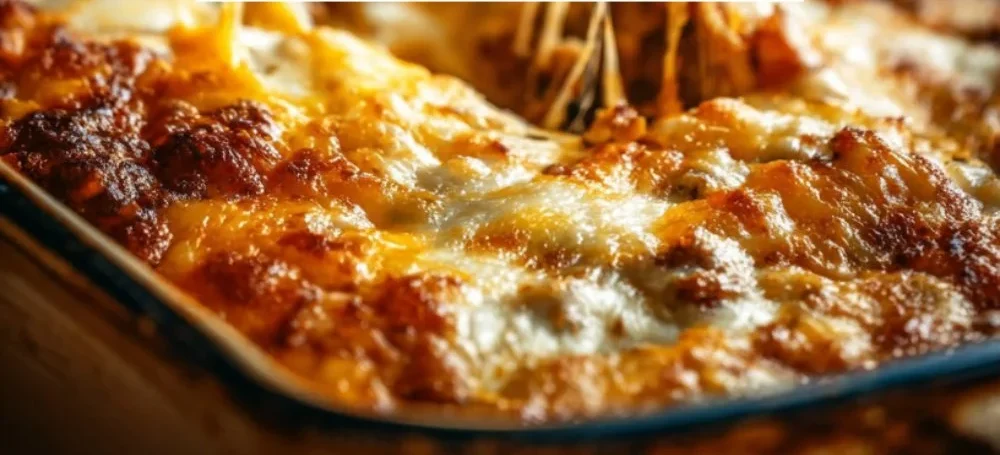 Delicious Cattle Drive Casserole with beef, beans, and cheese in a baking dish