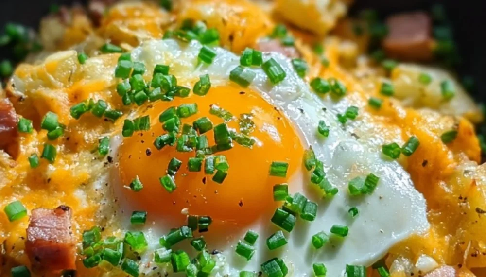 Cheesy potato egg scramble served in a bowl with fresh herbs on top.