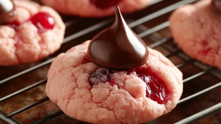 Delicious Cherry Kiss Cookies with cherries and chocolate on a plate