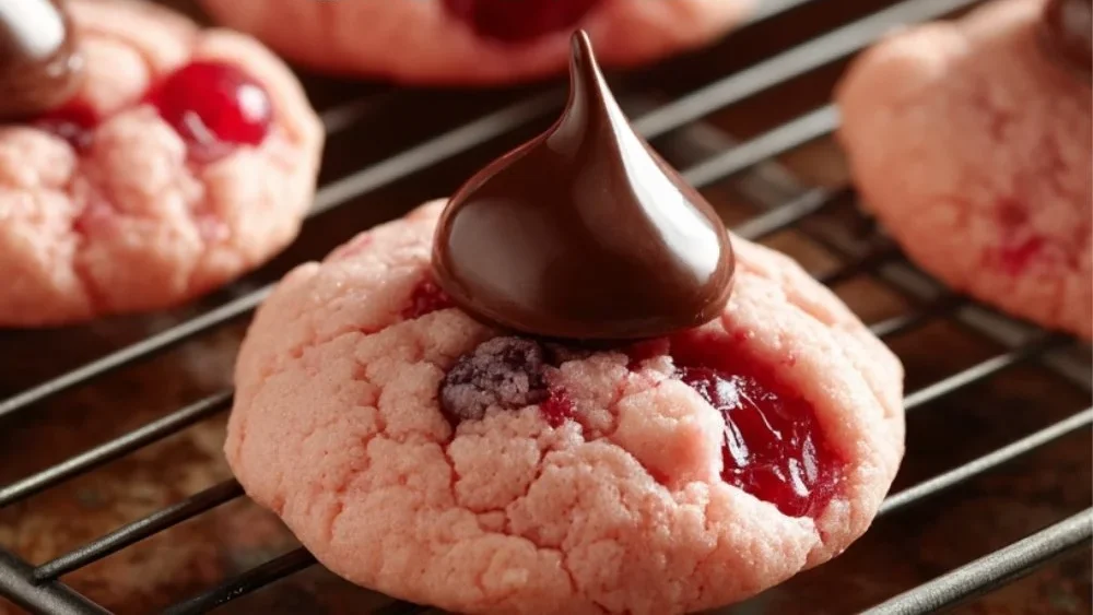 Delicious Cherry Kiss Cookies with cherries and chocolate on a plate