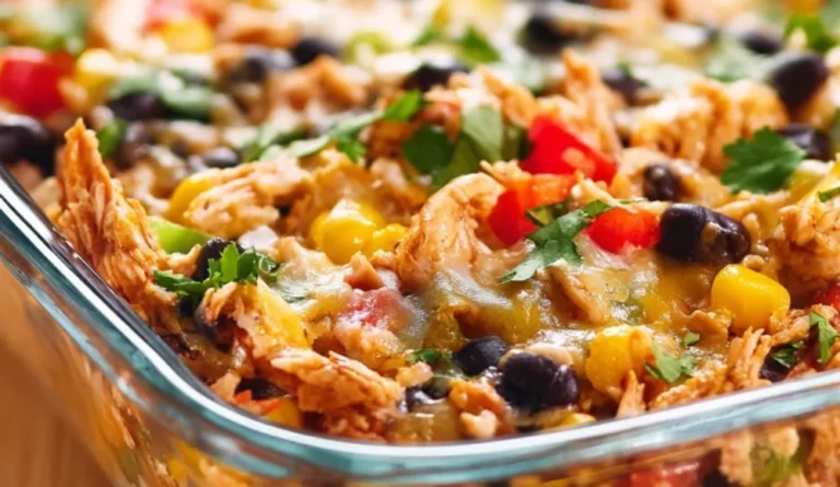 Delicious Chicken Burrito Casserole served in a dish with toppings.
