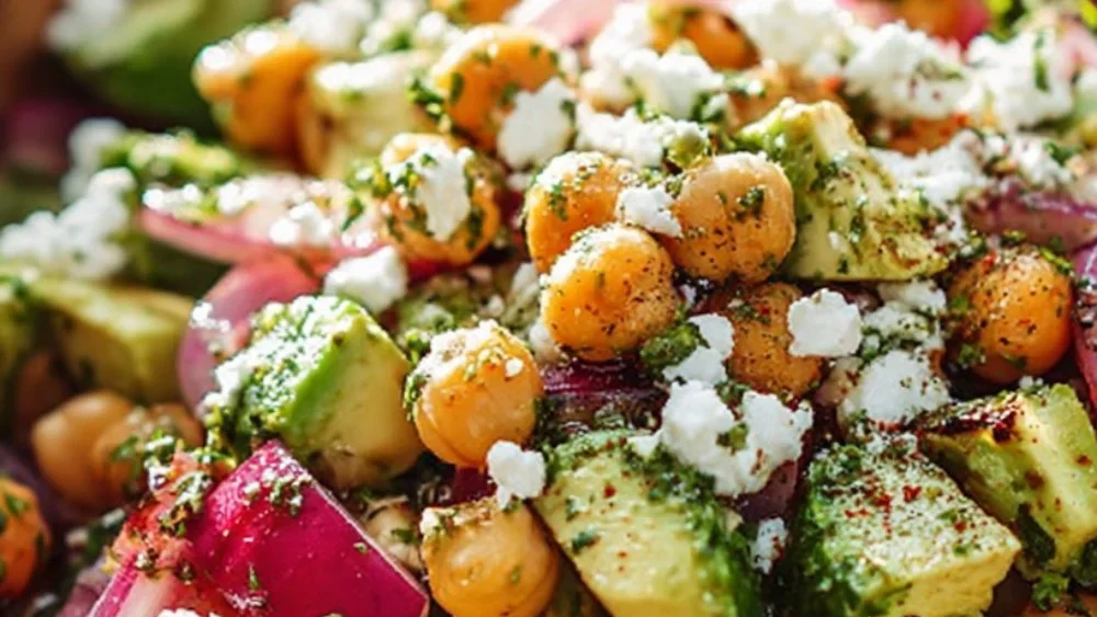 Chickpea Feta Avocado Salad with fresh ingredients and vibrant colors