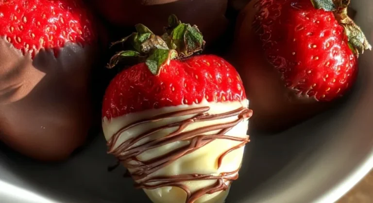 Chocolate covered cheesecake strawberries on a white plate