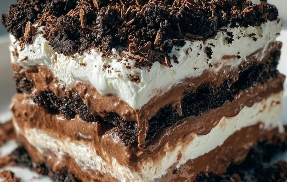 Delicious chocolate lasagna dessert with layered chocolate cream and toppings