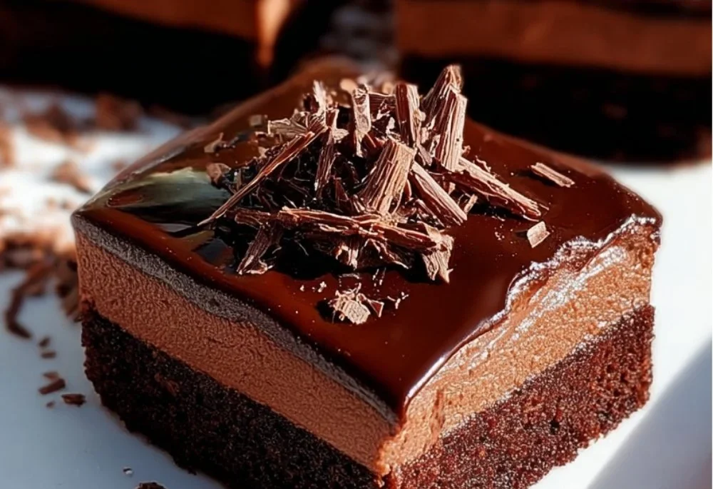 Delicious chocolate mousse brownies served on a plate, topped with chocolate flakes.