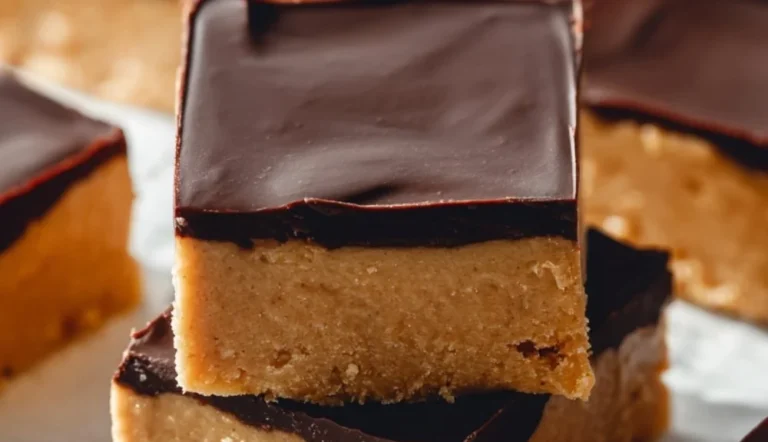 Decadent chocolate peanut butter squares stacked on a plate