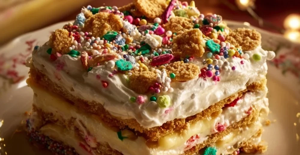 Delicious Christmas Cookie Lasagna dessert layered with cookies and cream.