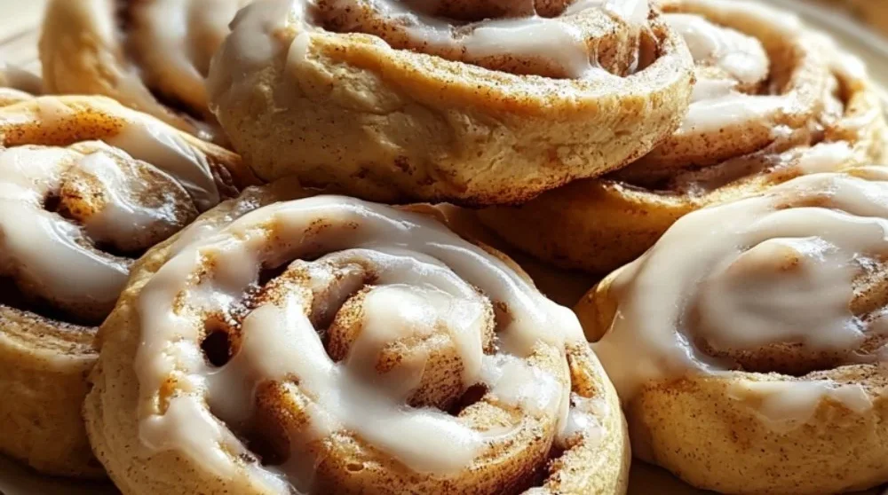 Delicious cinnamon roll cookies with cinnamon swirl and icing on top