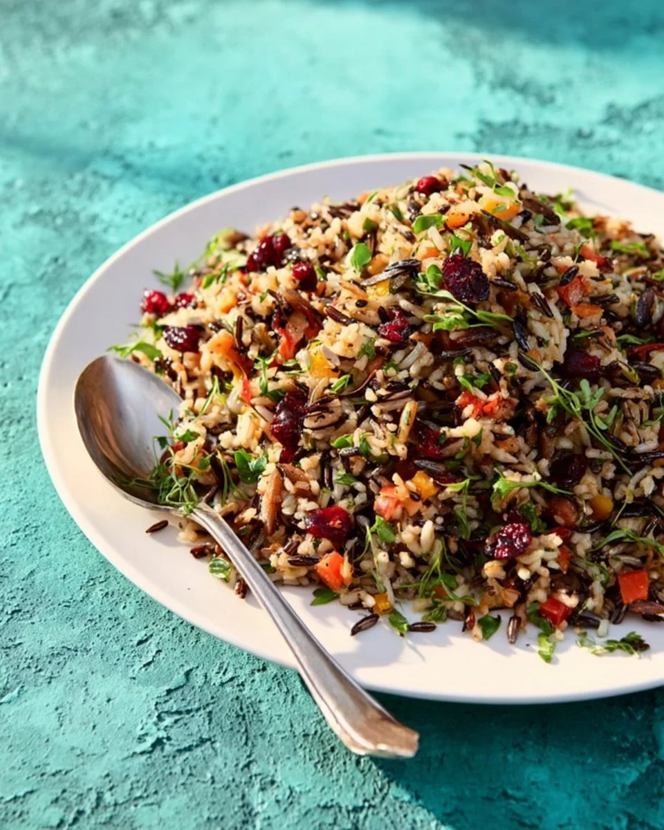 Cranberry Wild Rice Pilaf with cranberries and herbs in a bowl