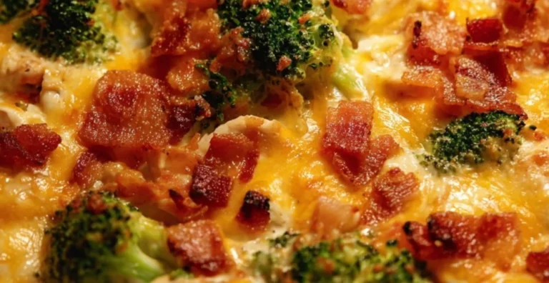 Creamy low carb chicken casserole in a baking dish topped with herbs