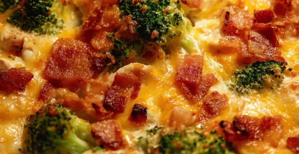 Creamy low carb chicken casserole in a baking dish topped with herbs