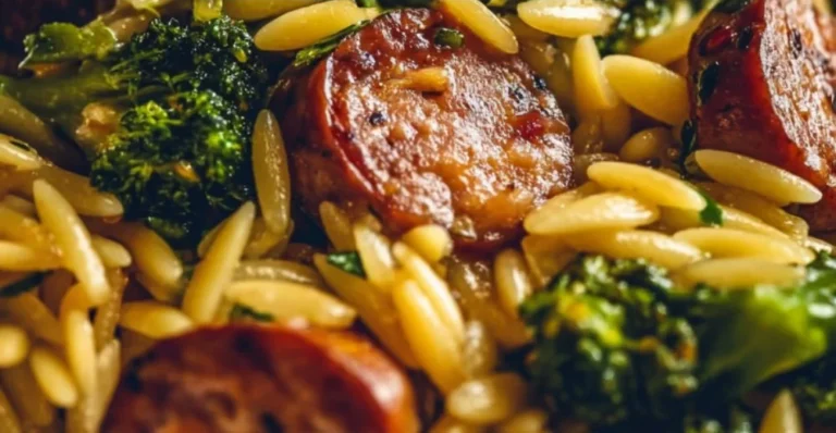 Creamy orzo with chicken sausage and broccoli in a bowl