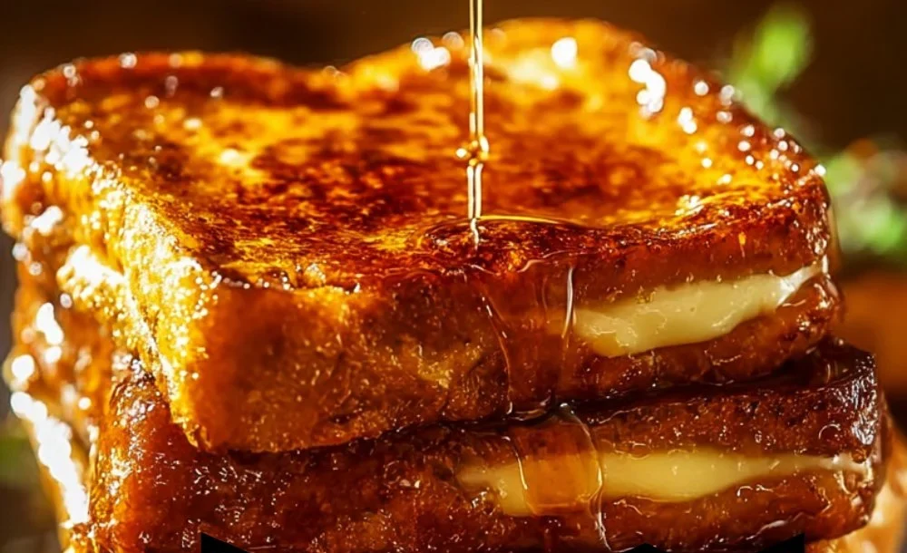 Delicious Crème Brûlée French Toast topped with caramelized sugar and fruits.