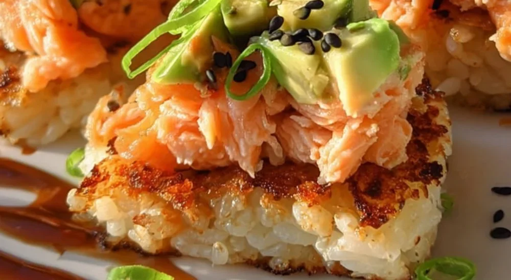 Crispy rice salmon appetizer beautifully plated with garnishes