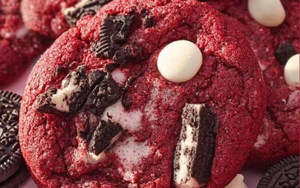 Delicious crushed Oreo Red Velvet Cookies stacked on a plate.
