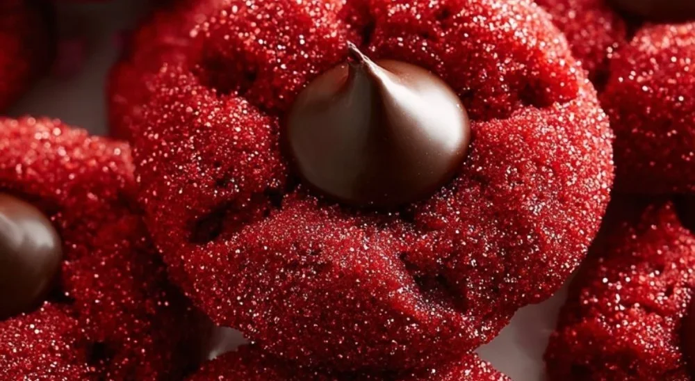 Delicious Hershey's Red Velvet Blossoms cookies topped with chocolate kisses