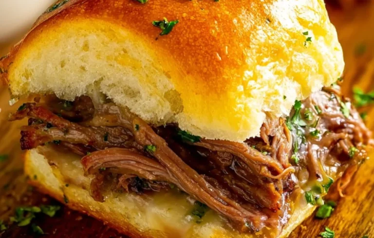 Delicious French Dip Sliders served with au jus for dipping