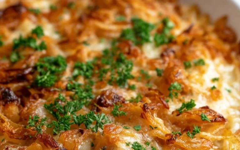 Delicious French Onion Chicken Orzo Casserole topped with melted cheese