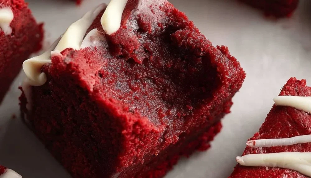 Delicious fudgy red velvet brownies topped with cream cheese frosting.