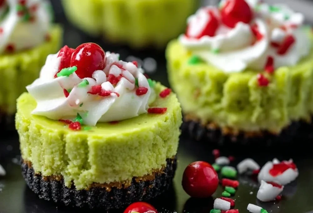 Festive Grinch Mini Cheesecakes for holiday desserts