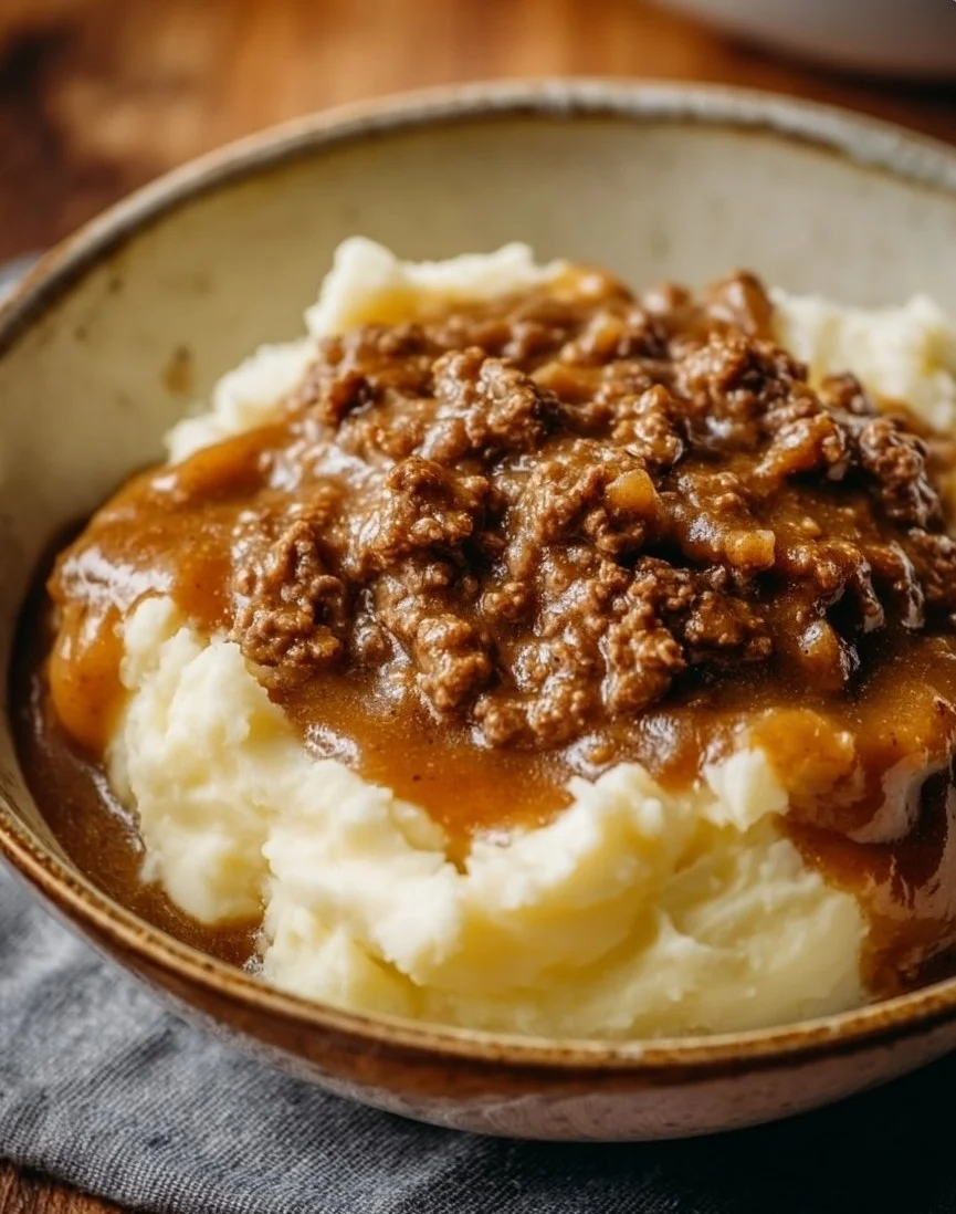 Ground beef and gravy served over fluffy mashed potatoes in a bowl.