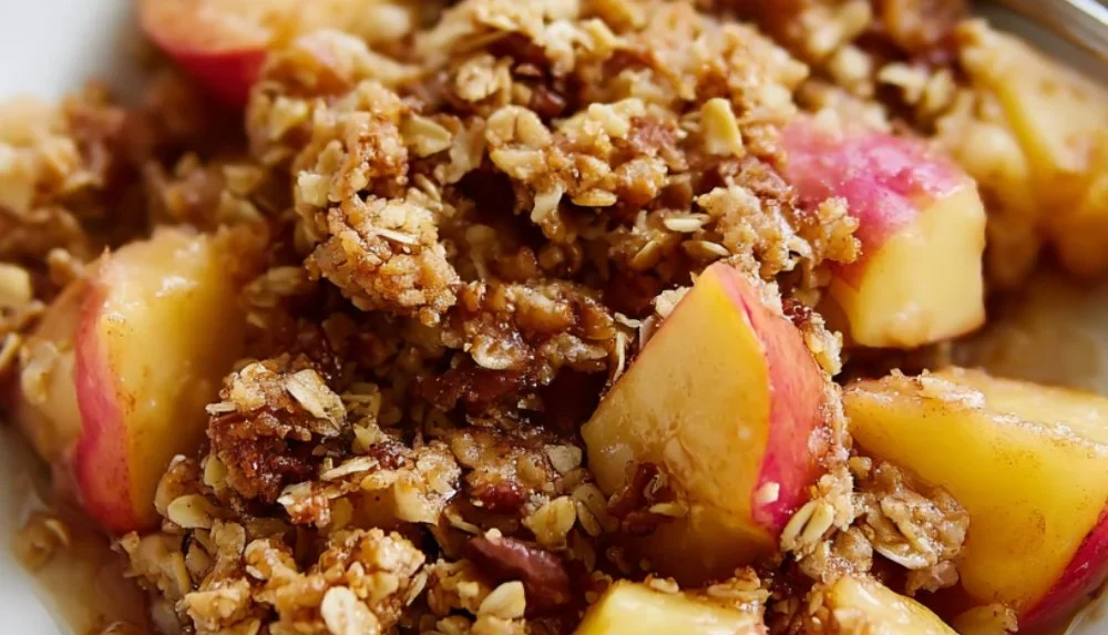 Bowl of Healthy Breakfast Apple Crumble topped with fresh fruit and nuts