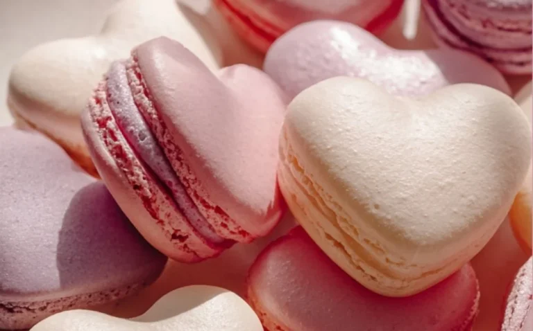 A collection of heart-shaped macarons in various flavors and colors.