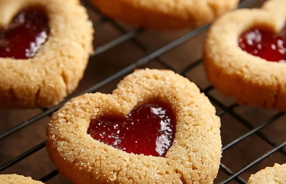 Heart-shaped thumbprint cookies filled with jam for a sweet treat