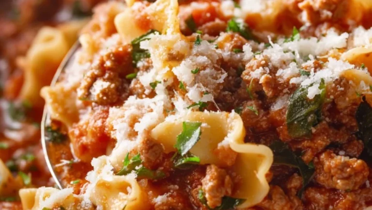 Nutritious high protein lasagna soup in a bowl with fresh ingredients