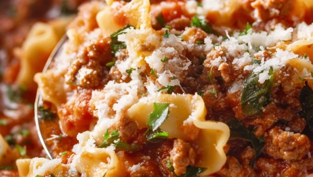 Nutritious high protein lasagna soup in a bowl with fresh ingredients