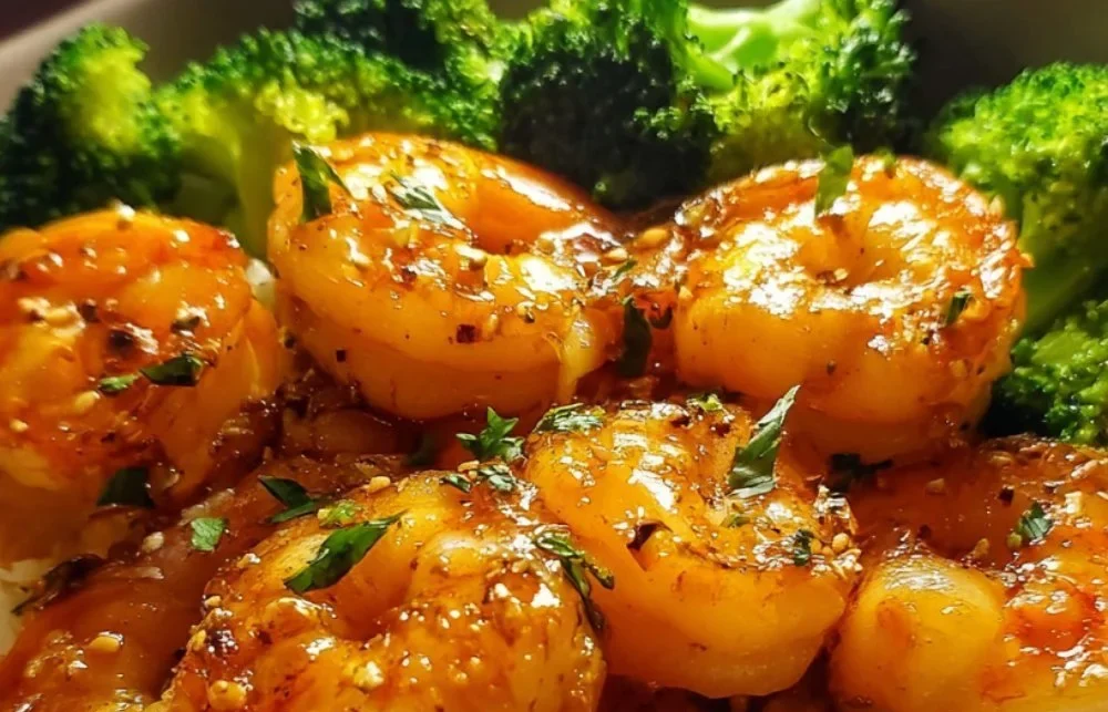 Honey Garlic Shrimp served in a bowl with vegetables and rice