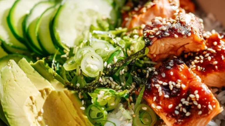Honey Sriracha Salmon Bowl with vibrant vegetables and rice