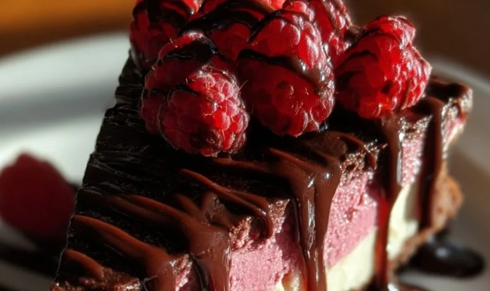 Slice of dark chocolate raspberry cheesecake topped with fresh raspberries.