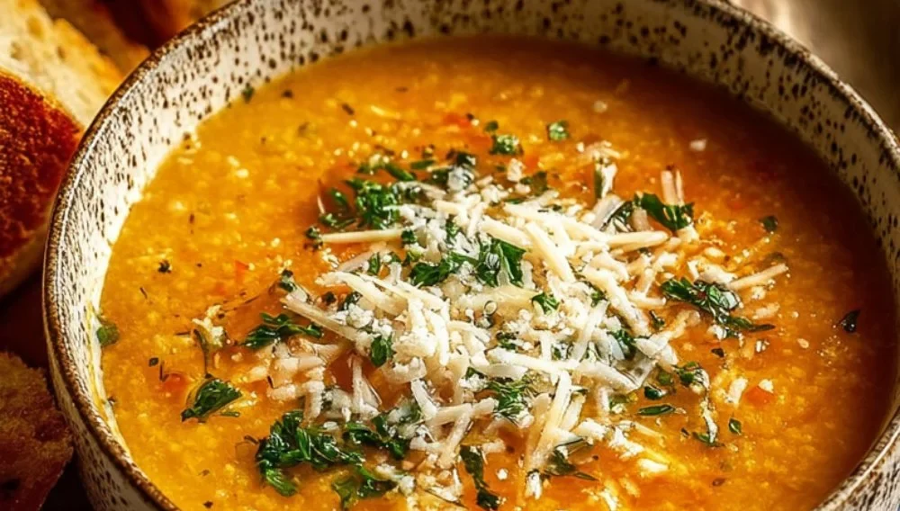 Bowl of Italian Penicillin Soup with fresh herbs and vegetables.