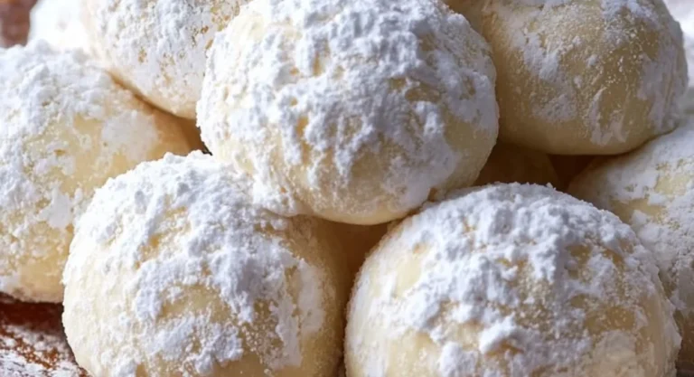 Delicious Lemon Cream Snowball Cookies dusted with powdered sugar on a festive plate