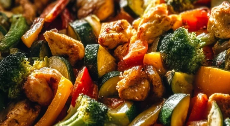 Low-Carb Chicken & Veggie Skillet with colorful vegetables in a frying pan.