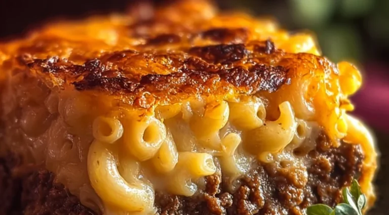 Macaroni and cheese meatloaf casserole served in a warm dish